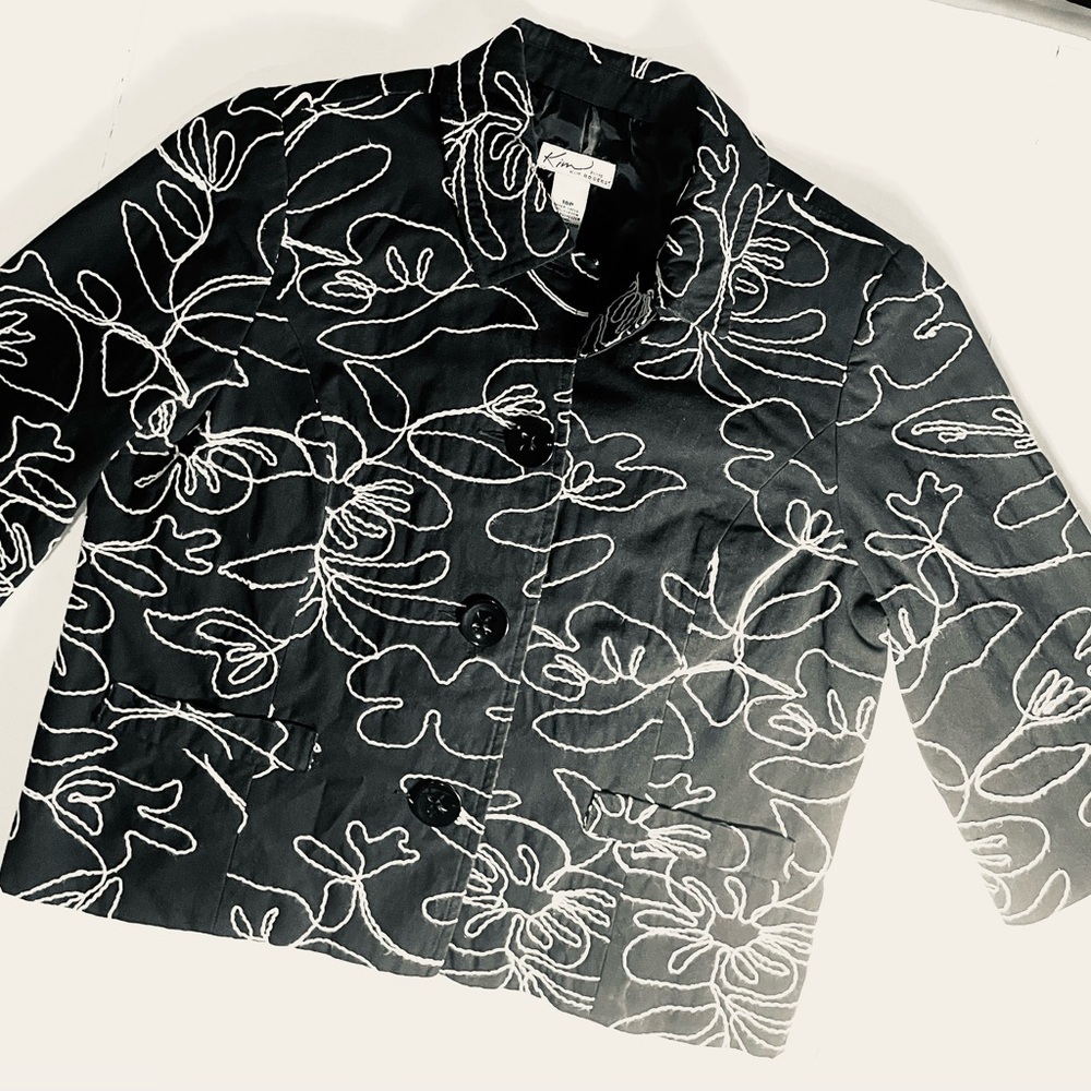 Kim Rogers Petite 10 Black White Floral Embroidered Cropped Jacket Blazer - Picture 5 of 10